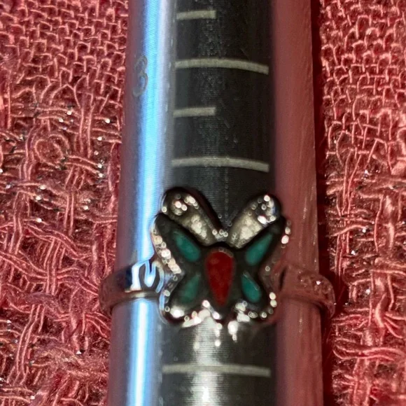 Silver Butterfly Ring with Red and Green Enamel- Size 4. - Picture 1 of 4